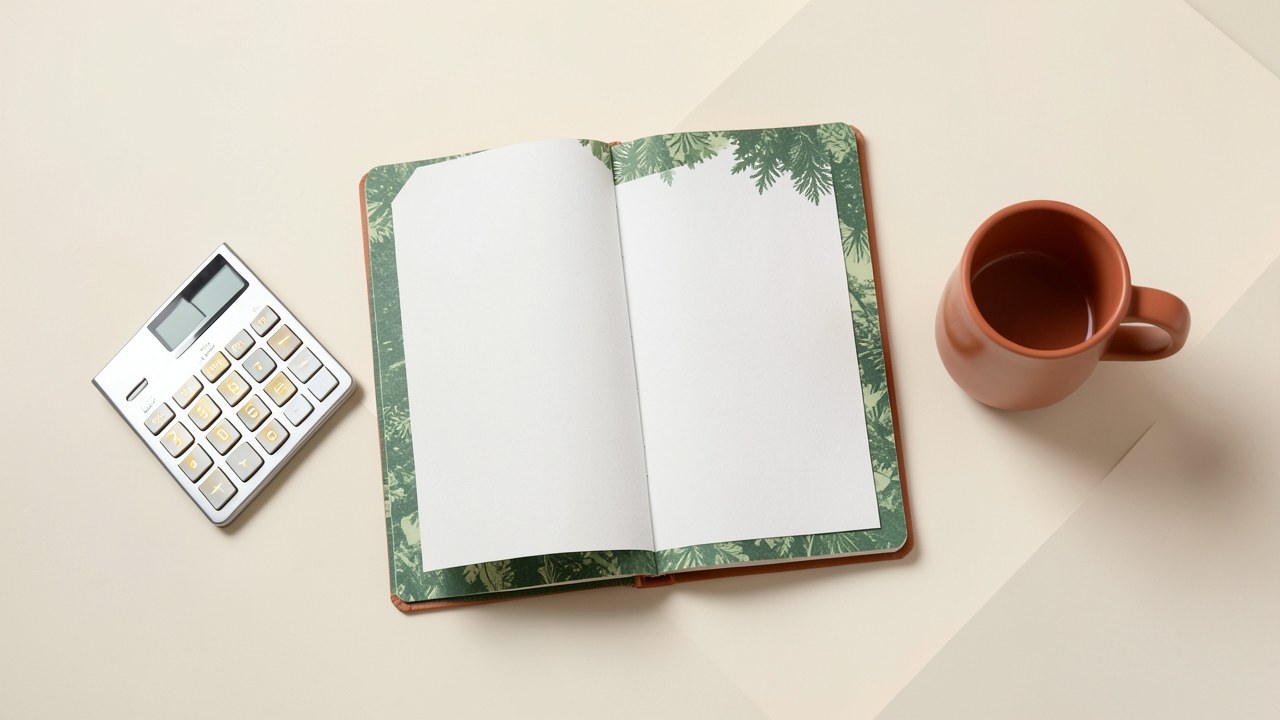 Flat lay of a desk with a notebook, a calculator, and a cup of coffee on a warm off-white background, suggesting loan comparison and planning