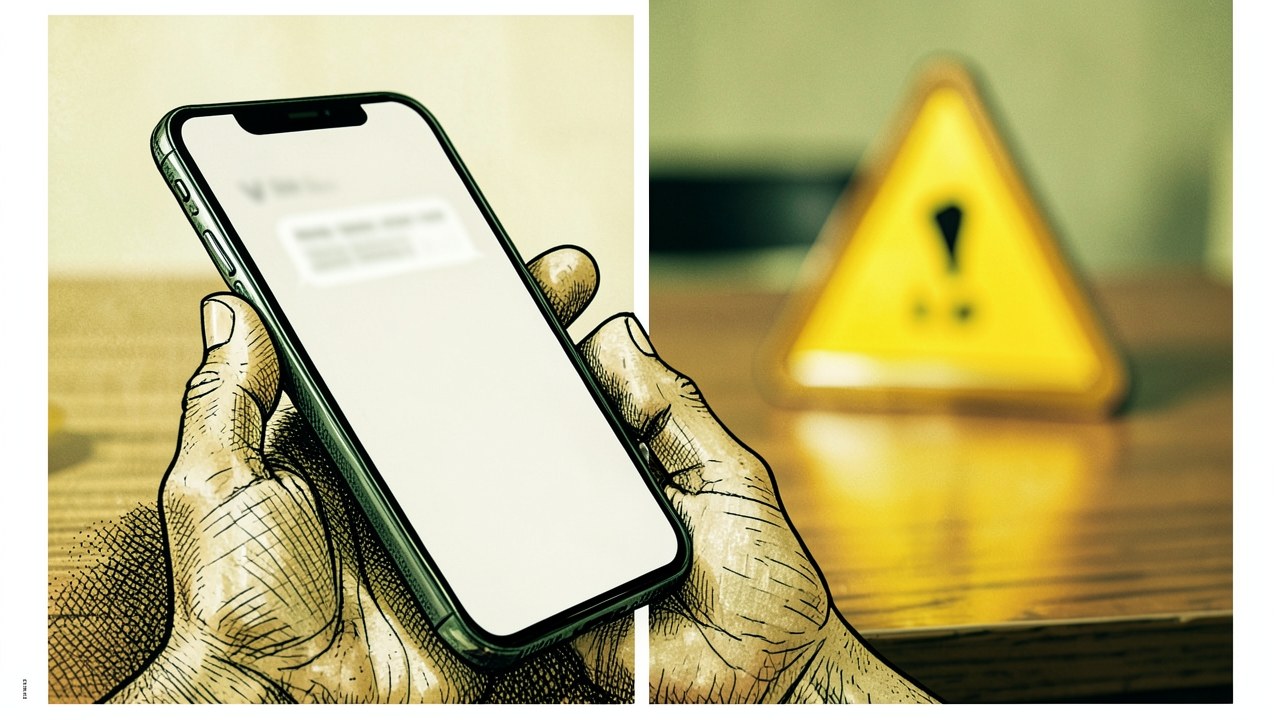 A person's hand holding a smartphone receiving a suspicious message, with a caution sign softly blurred in the background