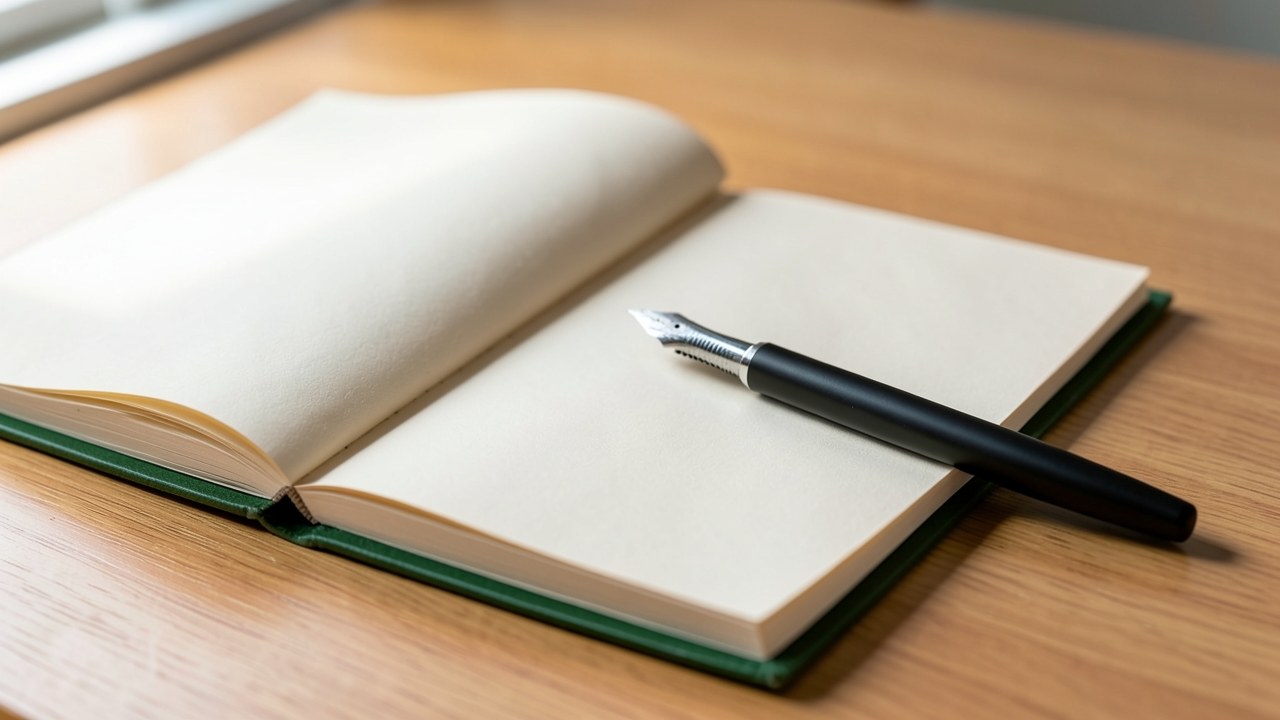 An open notebook with a pen on a desk, with soft light, suggesting a place where information is written