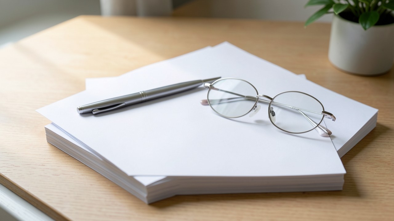 A stack of paper documents with a pen and a pair of reading glasses on a desk