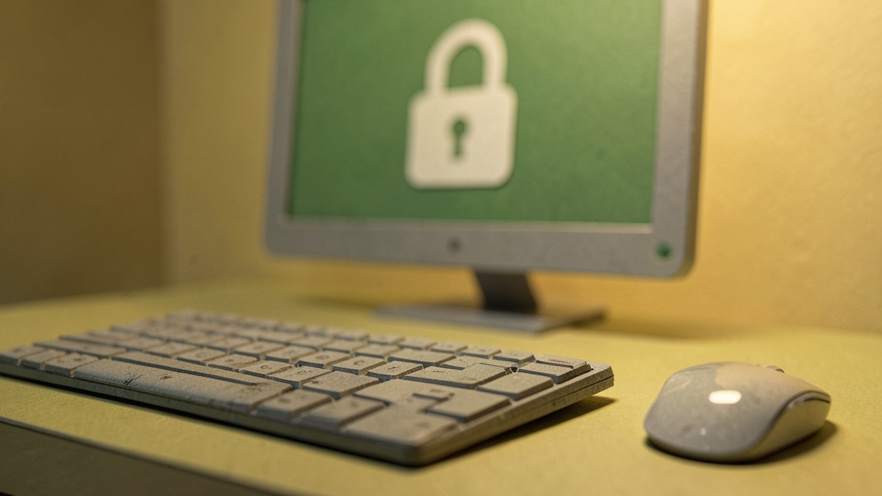 A lock icon on a computer screen with a blurred keyboard in the foreground