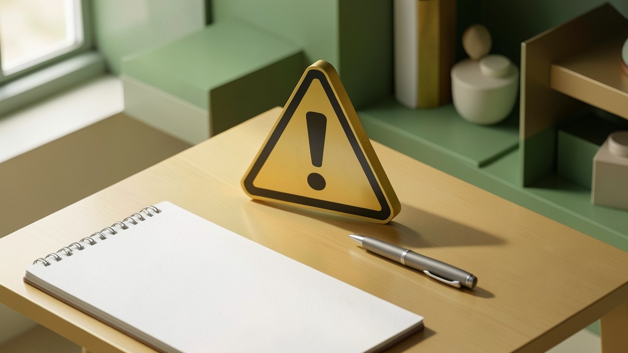 A warning sign on a plain background, with a pen and paper in the foreground