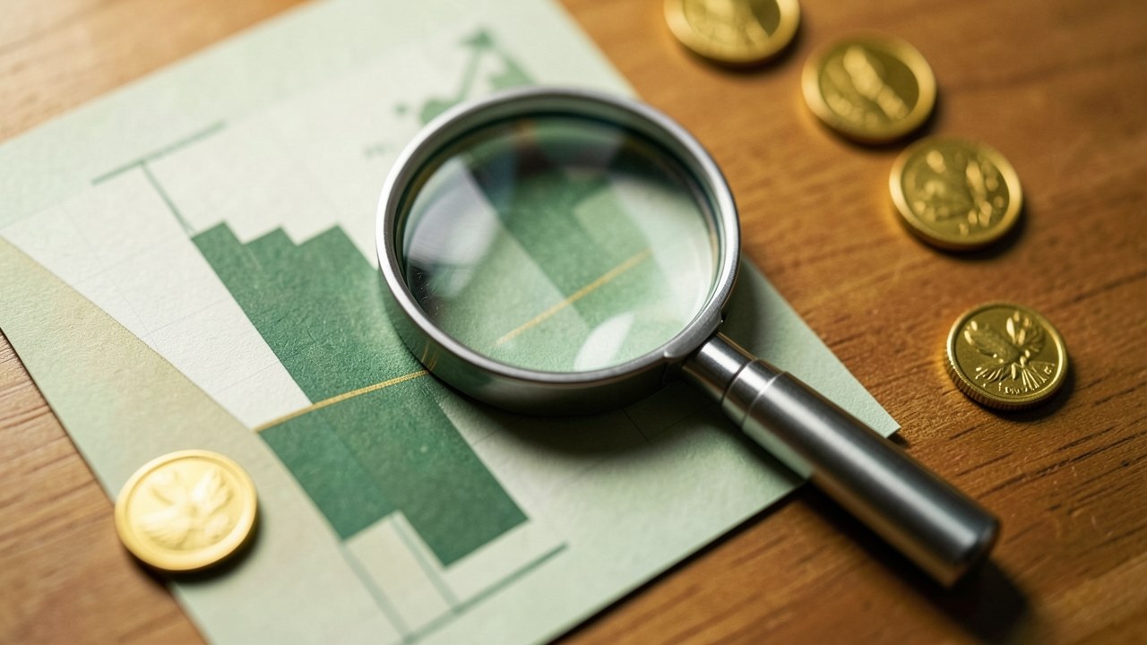 A magnifying glass over a financial chart with coins scattered around