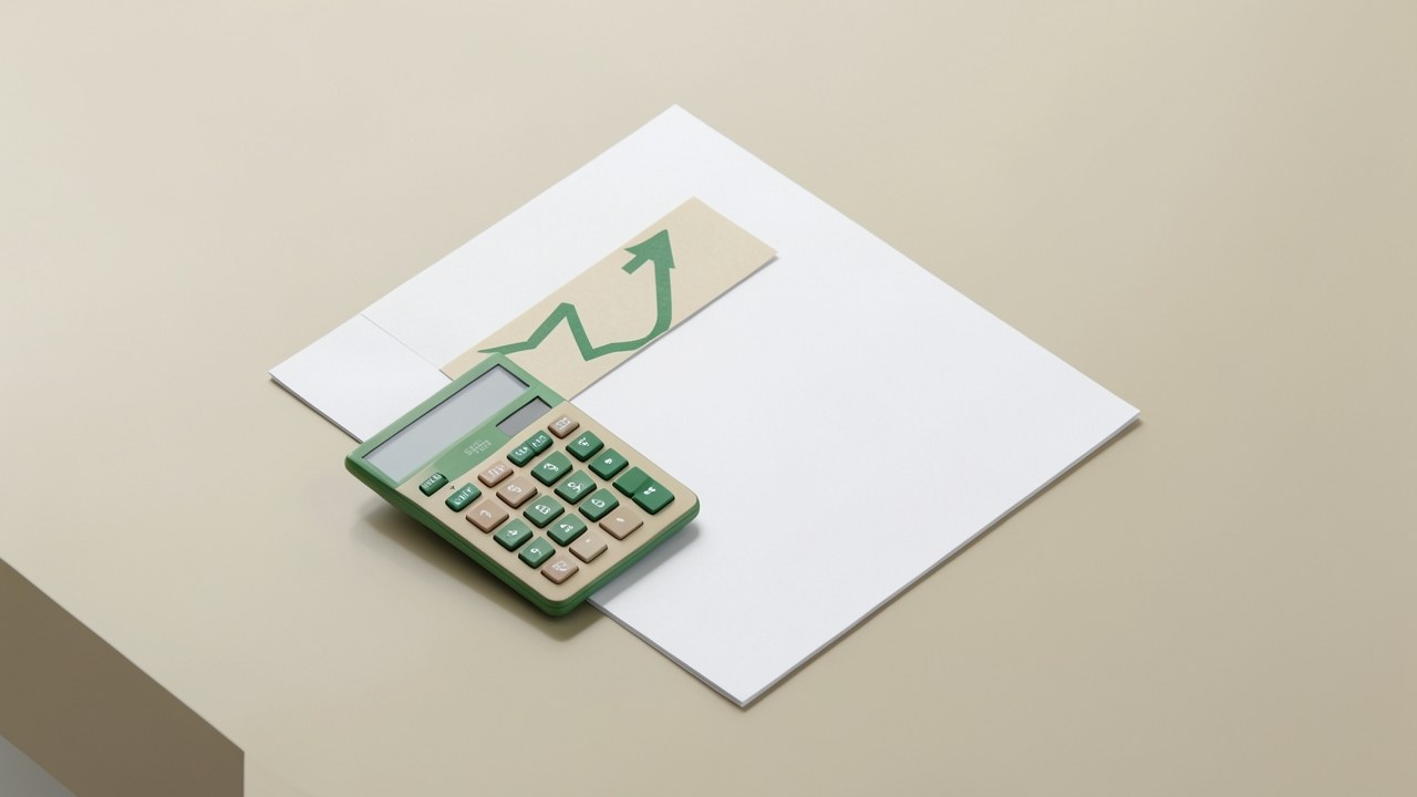 A calculator and a document with a rising arrow graph, symbolizing income-based calculations