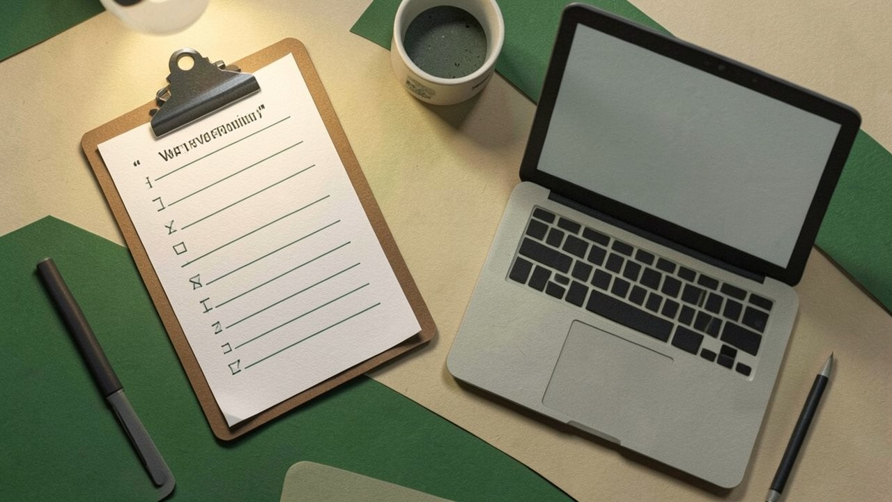 A checklist on a clipboard next to a laptop, symbolizing the application process