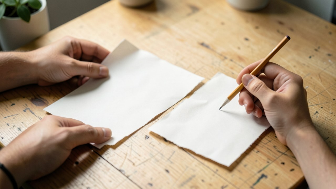 A person comparing two documents with a pencil, but only hands are visible