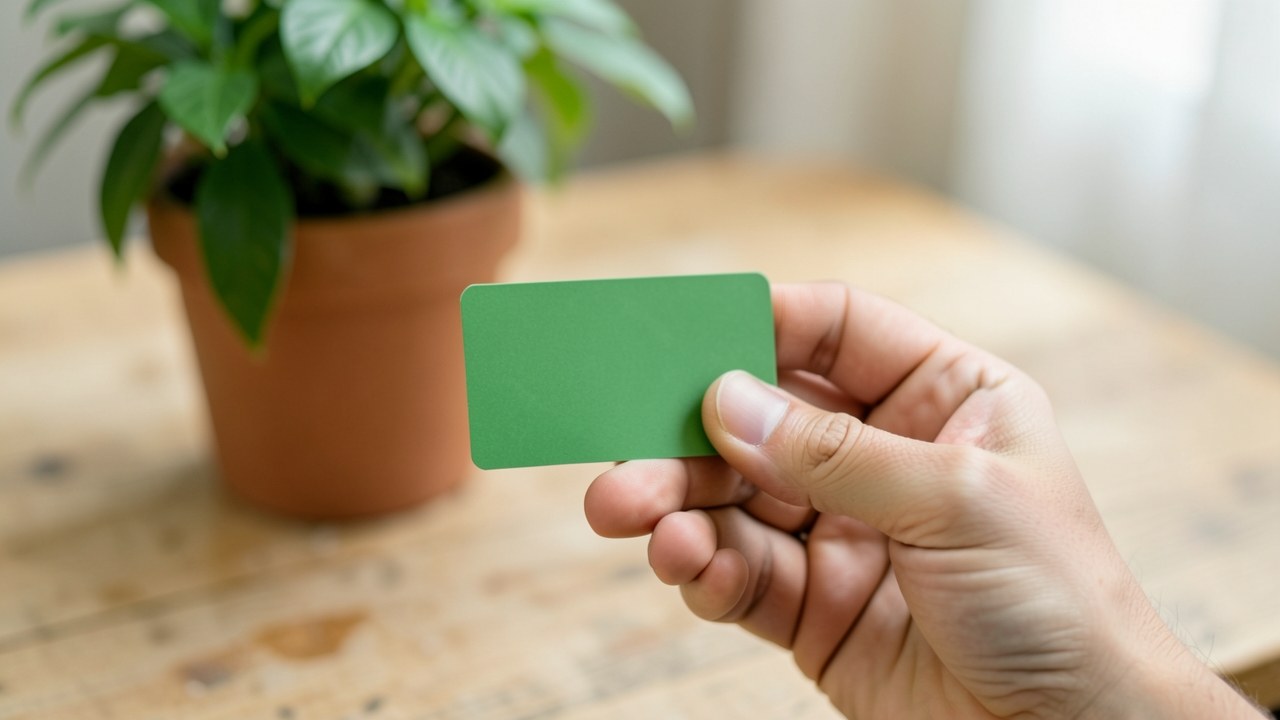 A person's hand holding a credit card with a blurred background, but the card is generic