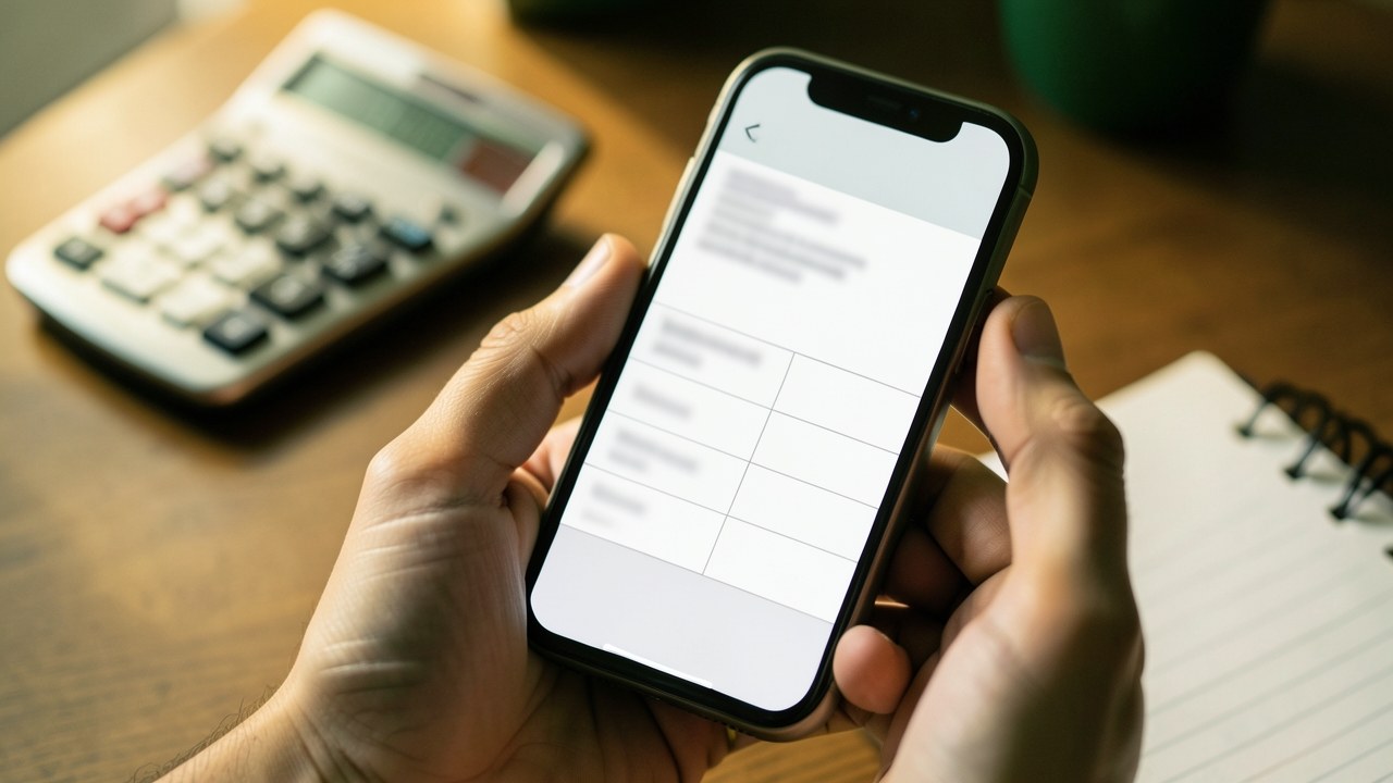 Close-up of a smartphone displaying a loan rate comparison table on a website, with a blurred calculator in the background