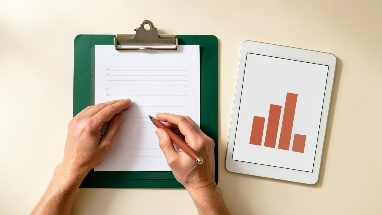 Person holding a pen and reviewing financial documents on a clipboard next to a tablet showing a credit score chart