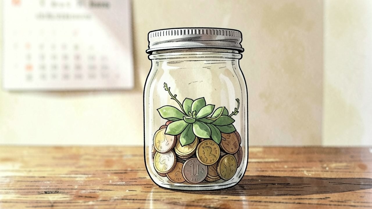 A jar with some coins and a small plant on a desk, with a calendar in the background suggesting budgeting for loan repayment