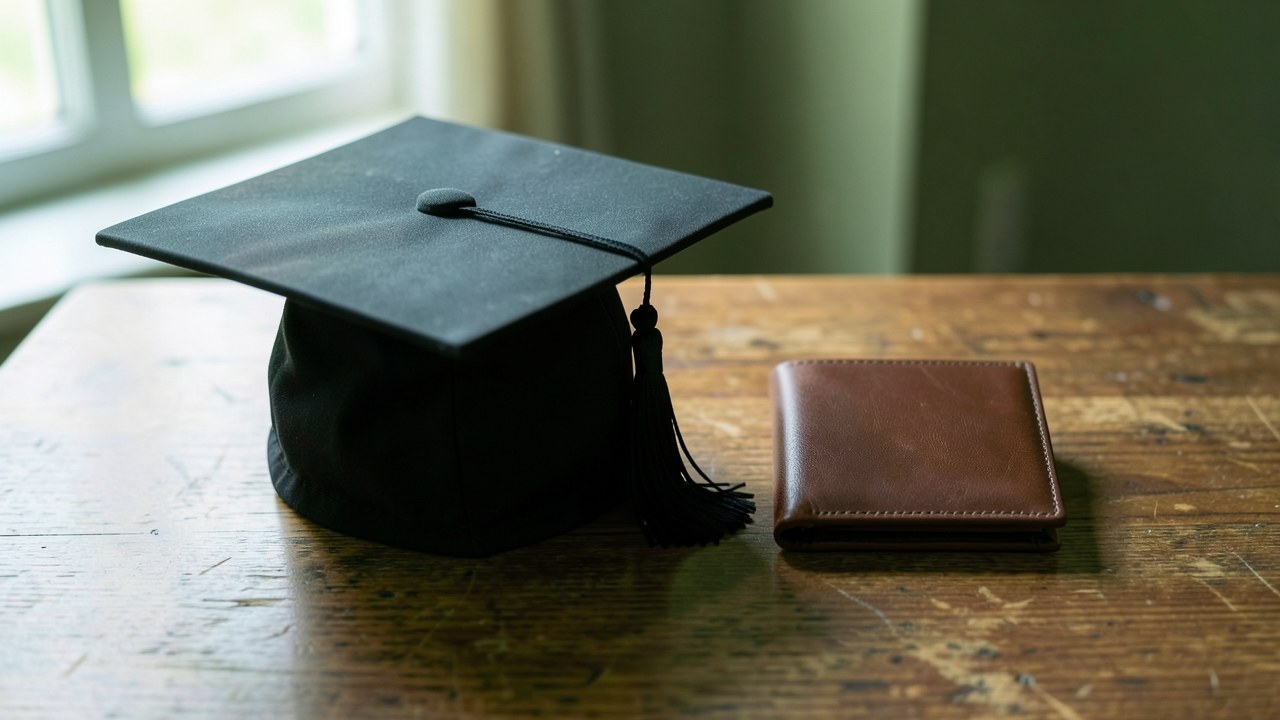 A graduation cap and a wallet on a table, symbolizing student vs personal loan choice