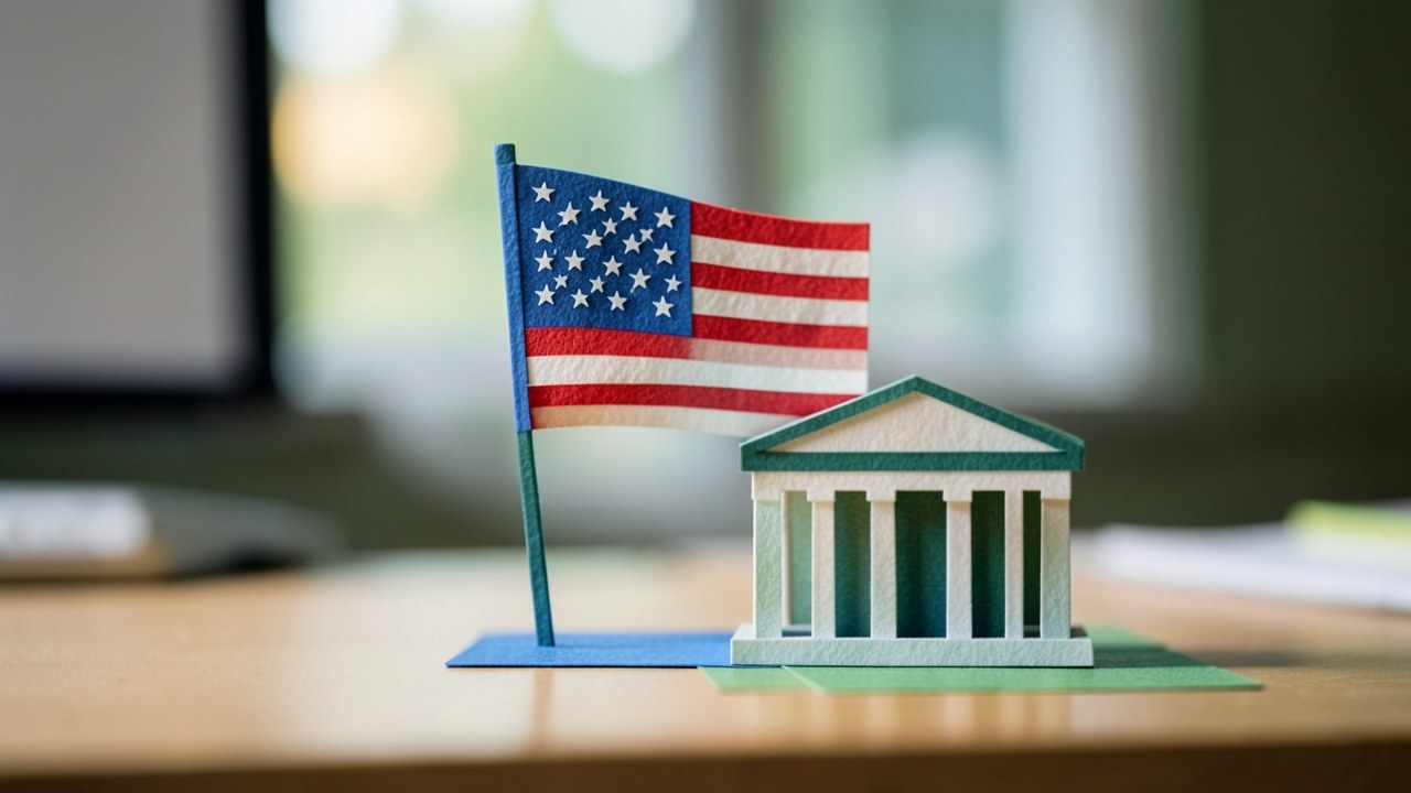 A flag of the United States and a bank building, symbolizing federal vs private